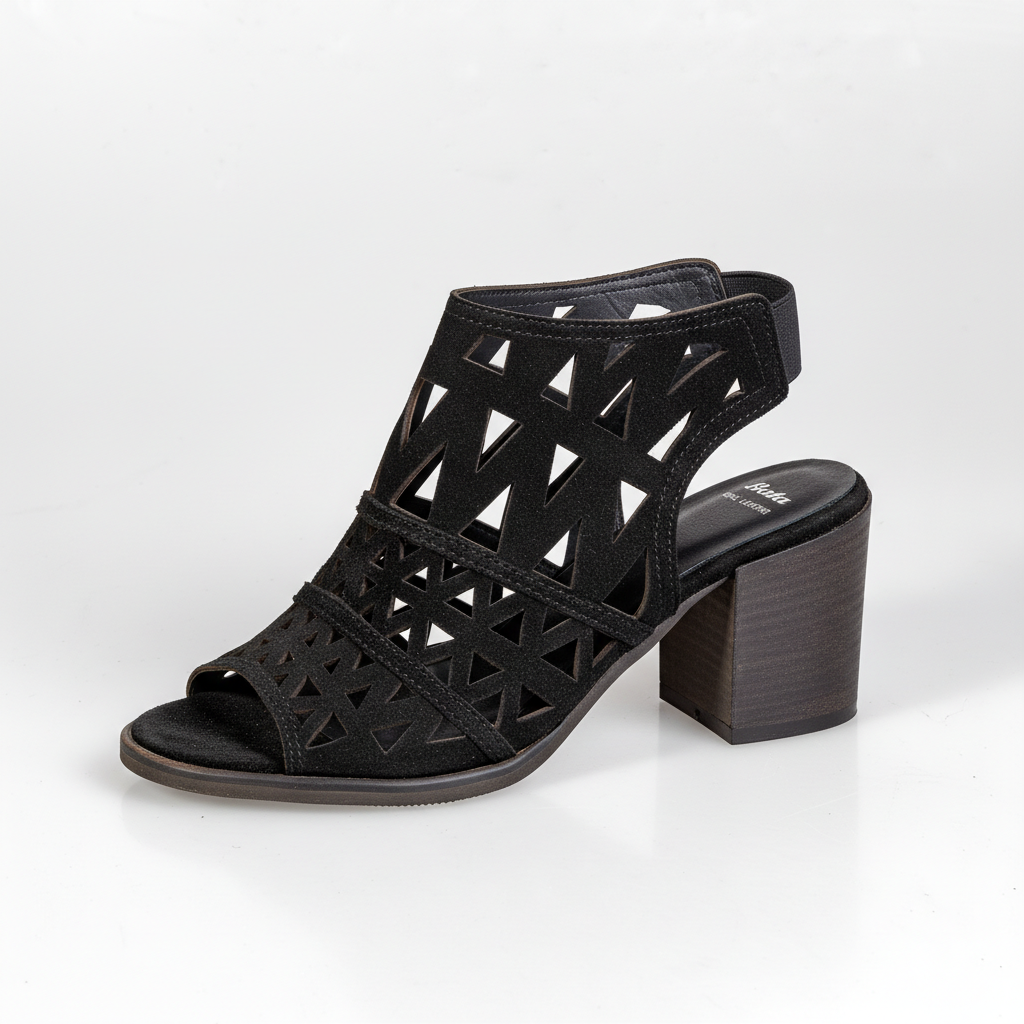 763-6532 Black – Women’s Laser-Cut Suede Heeled Sandals