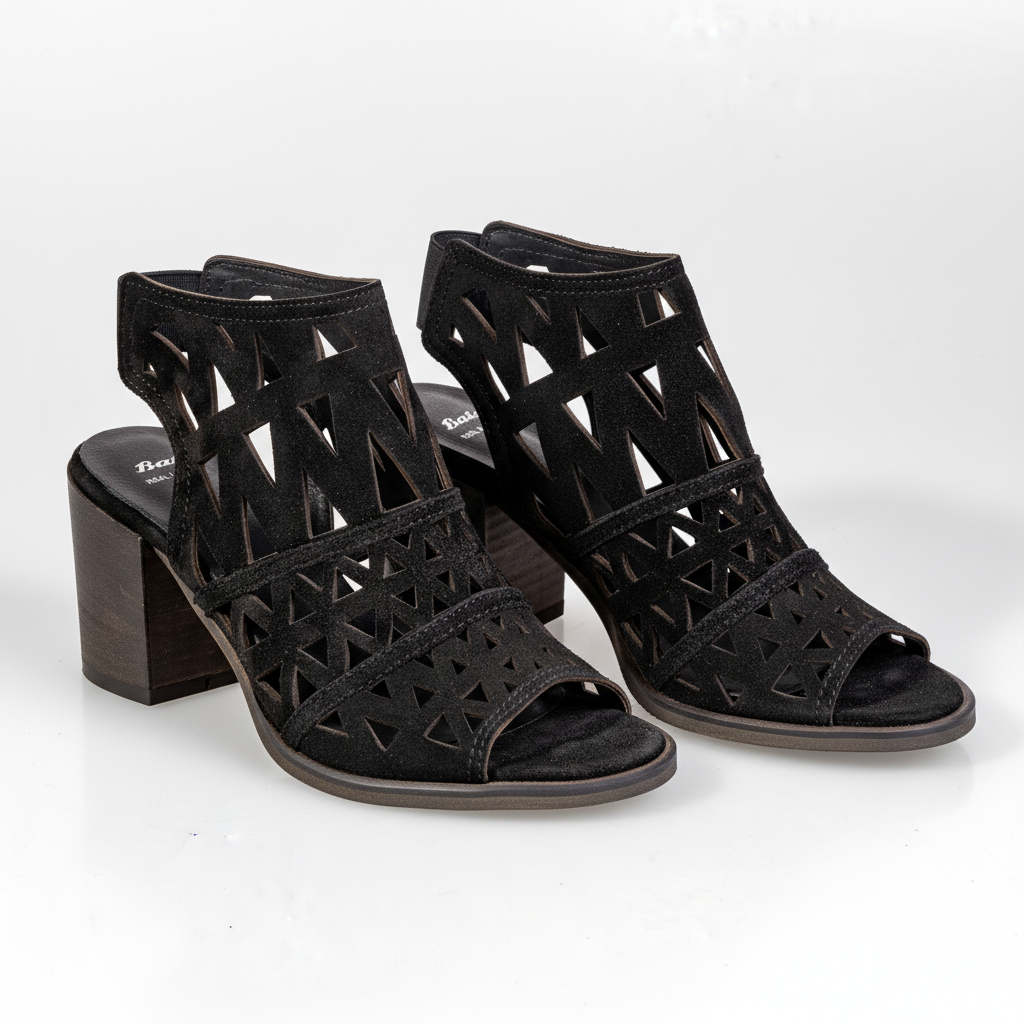 763-6532 Black – Women’s Laser-Cut Suede Heeled Sandals