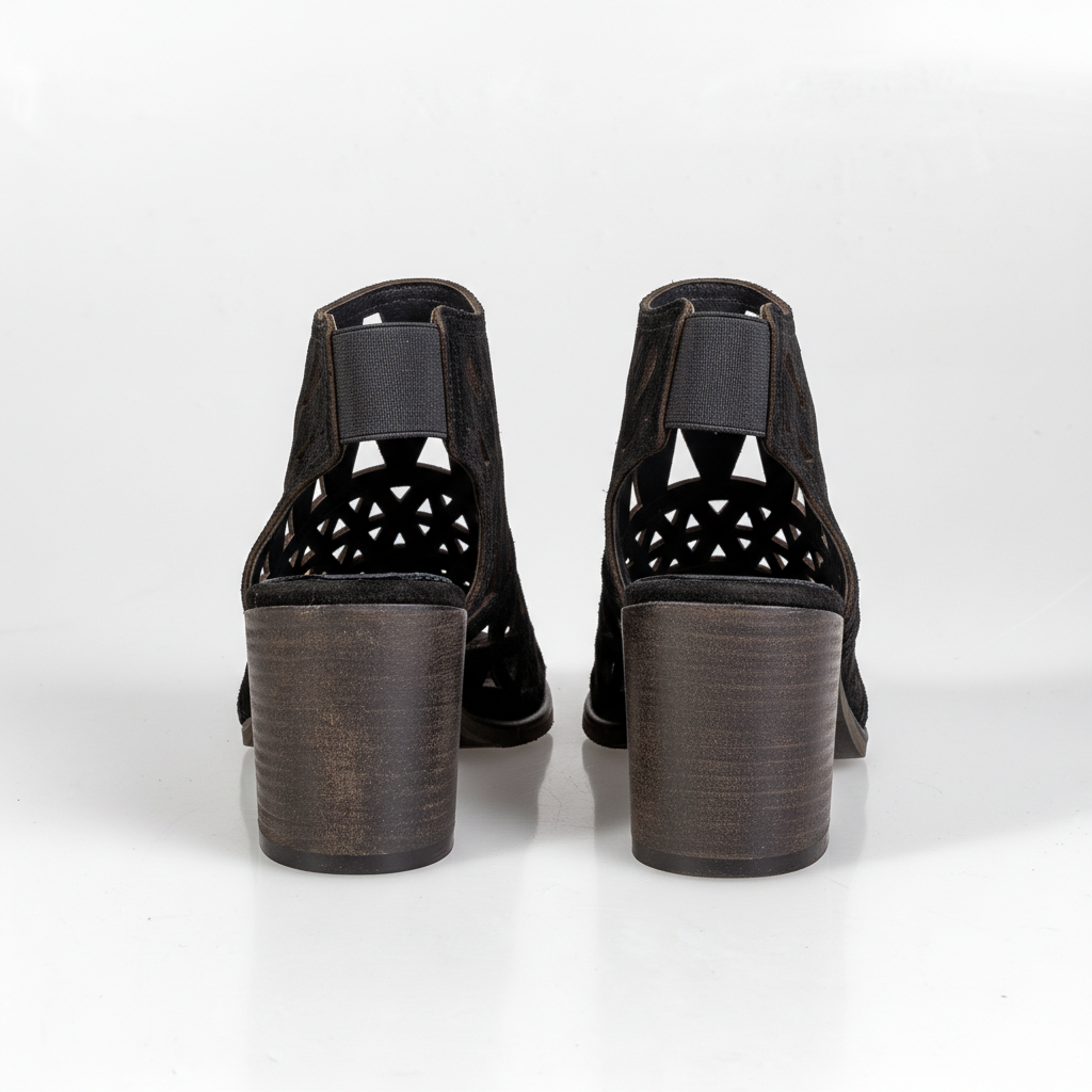 763-6532 Black – Women’s Laser-Cut Suede Heeled Sandals