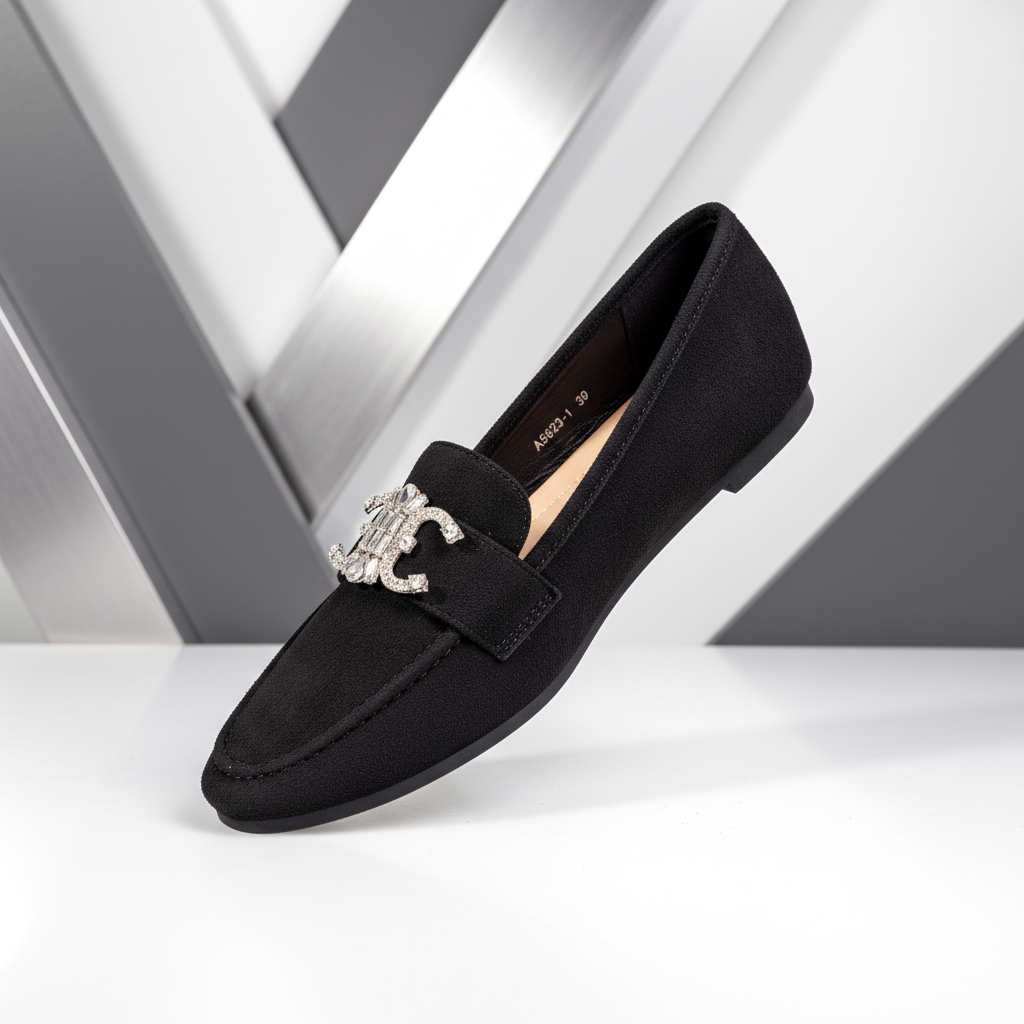 A5623-1 Fekete – Női hegyes orrú kristályos bőr loafer