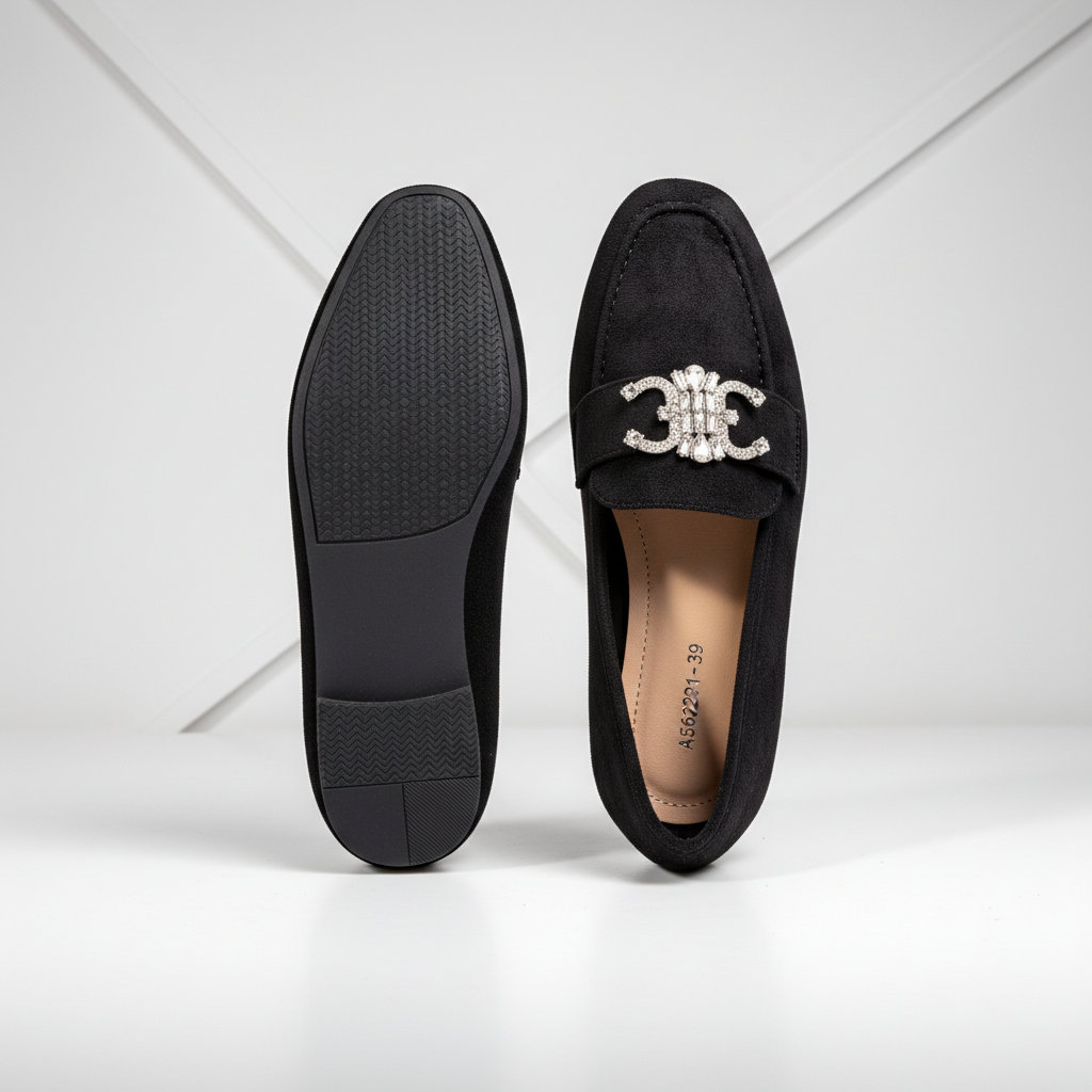 A5623-1 Fekete – Női hegyes orrú kristályos bőr loafer