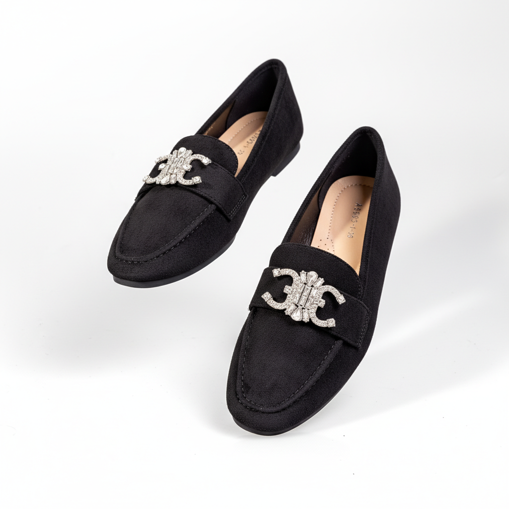 A5623-1 Fekete – Női hegyes orrú kristályos bőr loafer
