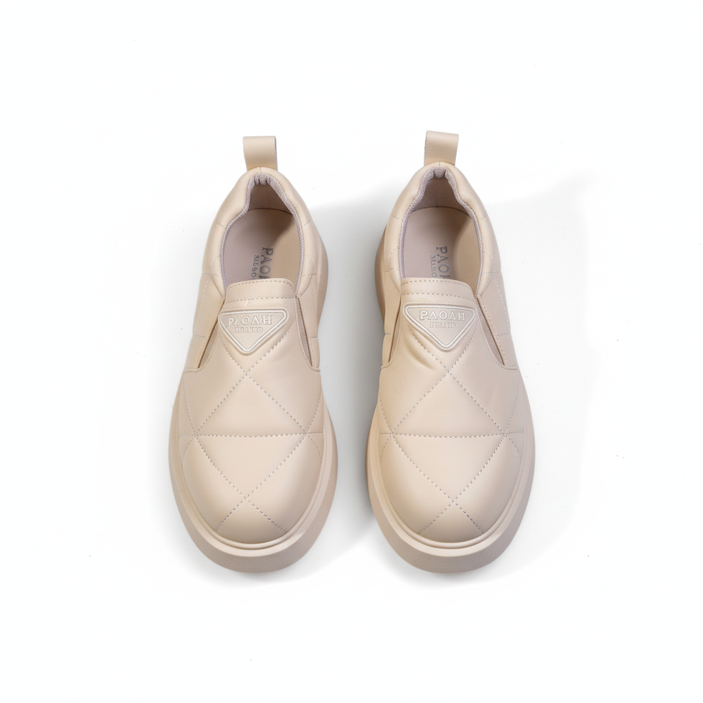 N205-3 Bézs – Női steppelt platformos slip-on cipő